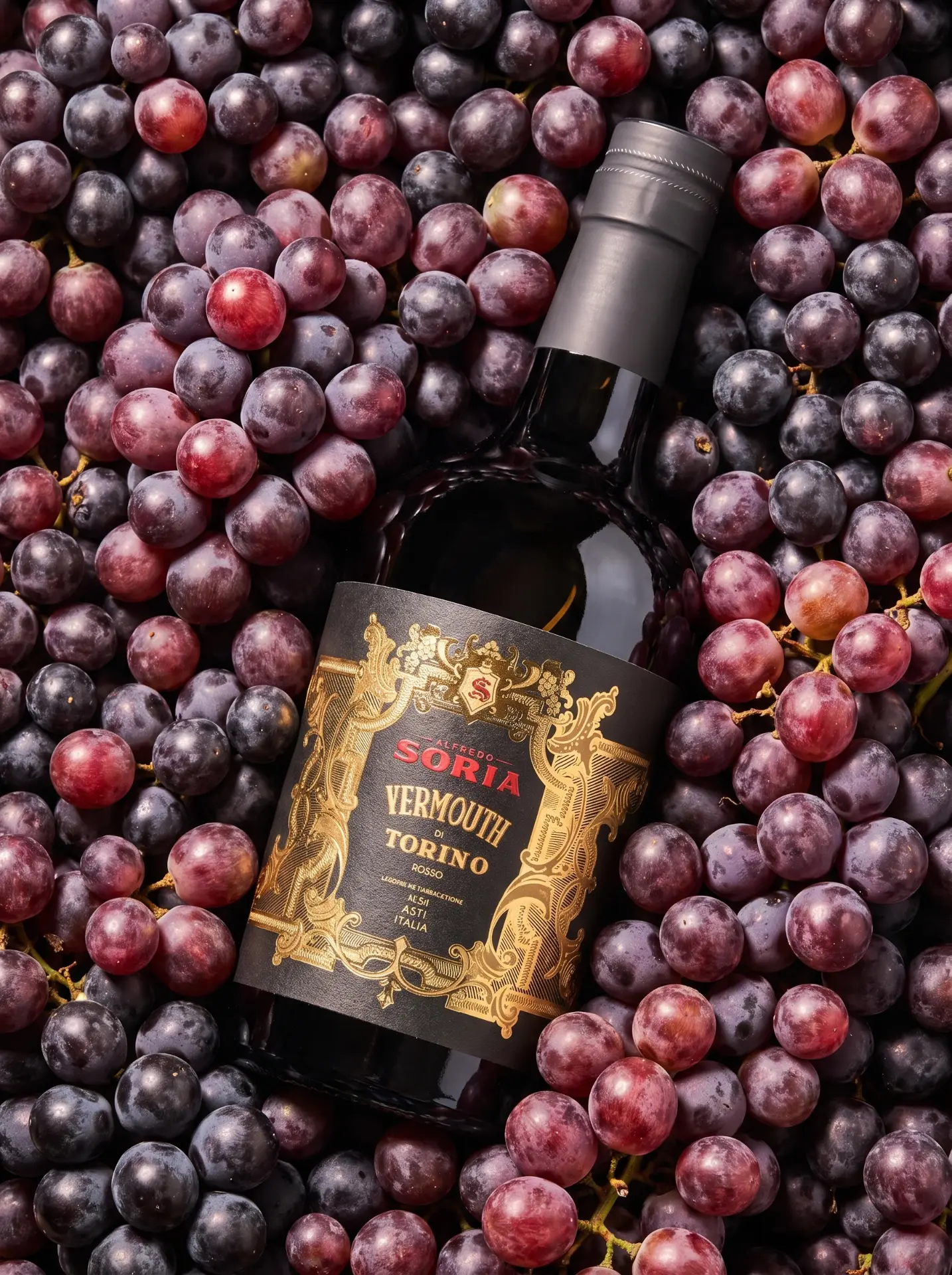 Alfredo Soria Vermouth di Torino Rosso bottle resting on a bed of fresh grapes